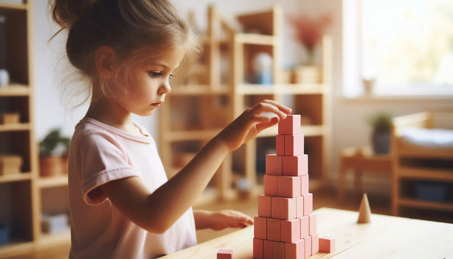 Criança aprendendo leitura com materiais táteis Montessori em ambiente organizado