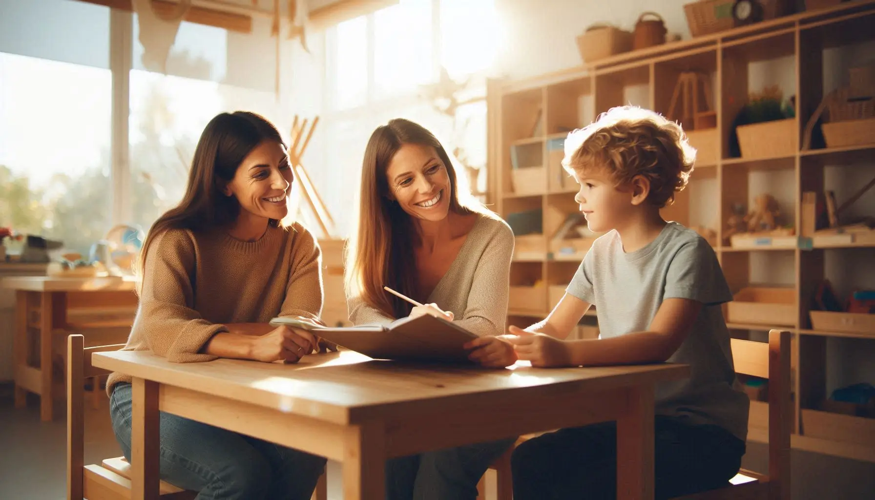 pais e professores montessori em reunião de colaboração e alinhamento