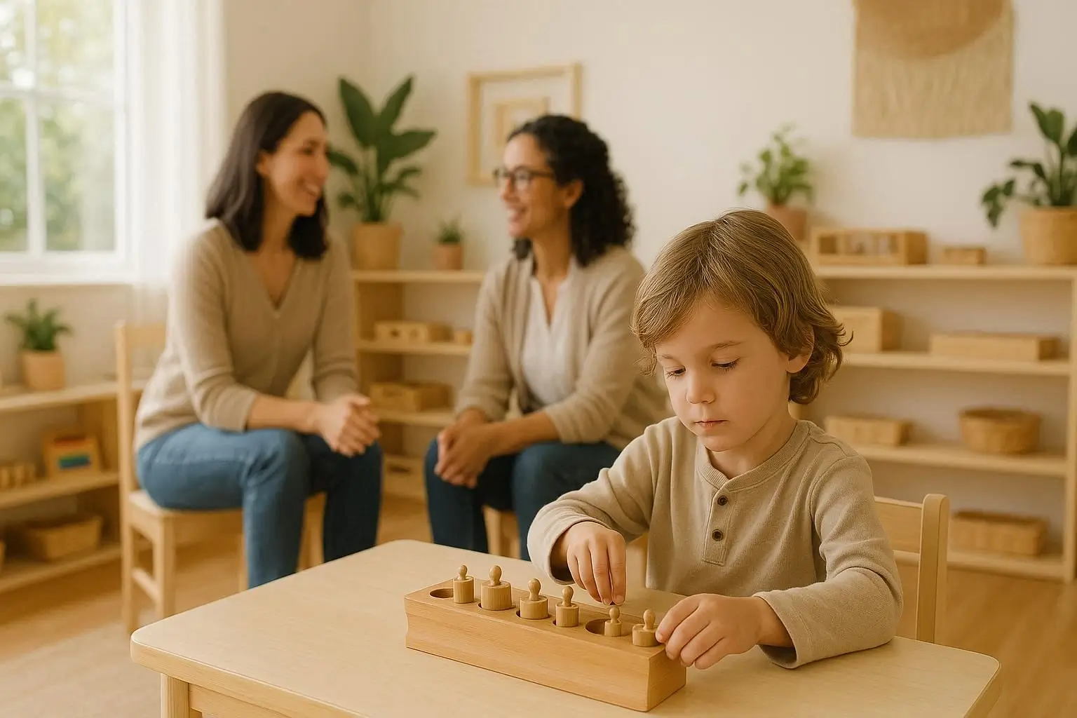 Criança concentrada em atividade Montessori, com educadora e pais ao fundo, simbolizando como alinhar expectativas entre pais e educadores no TDAH Montessori